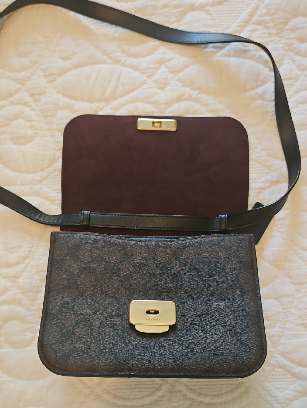Coach Signature Monogram Shoulder Bag Dark Brown Gold Hardware Style No C5633